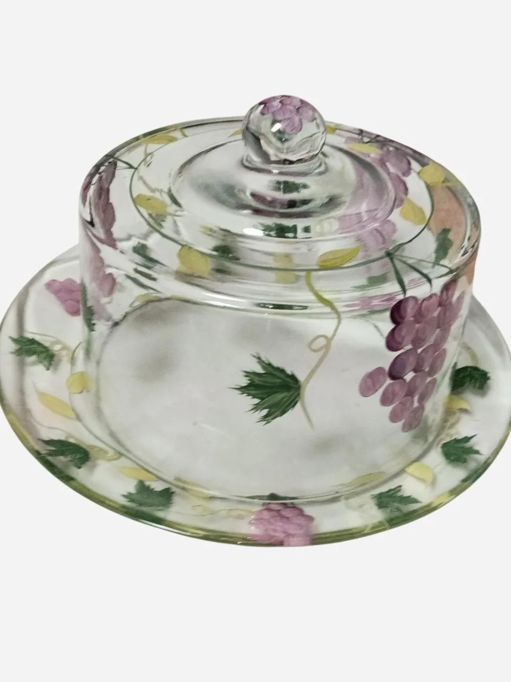 Hand-Painted Glass Cheese Dome with Grapevine Design - Purple